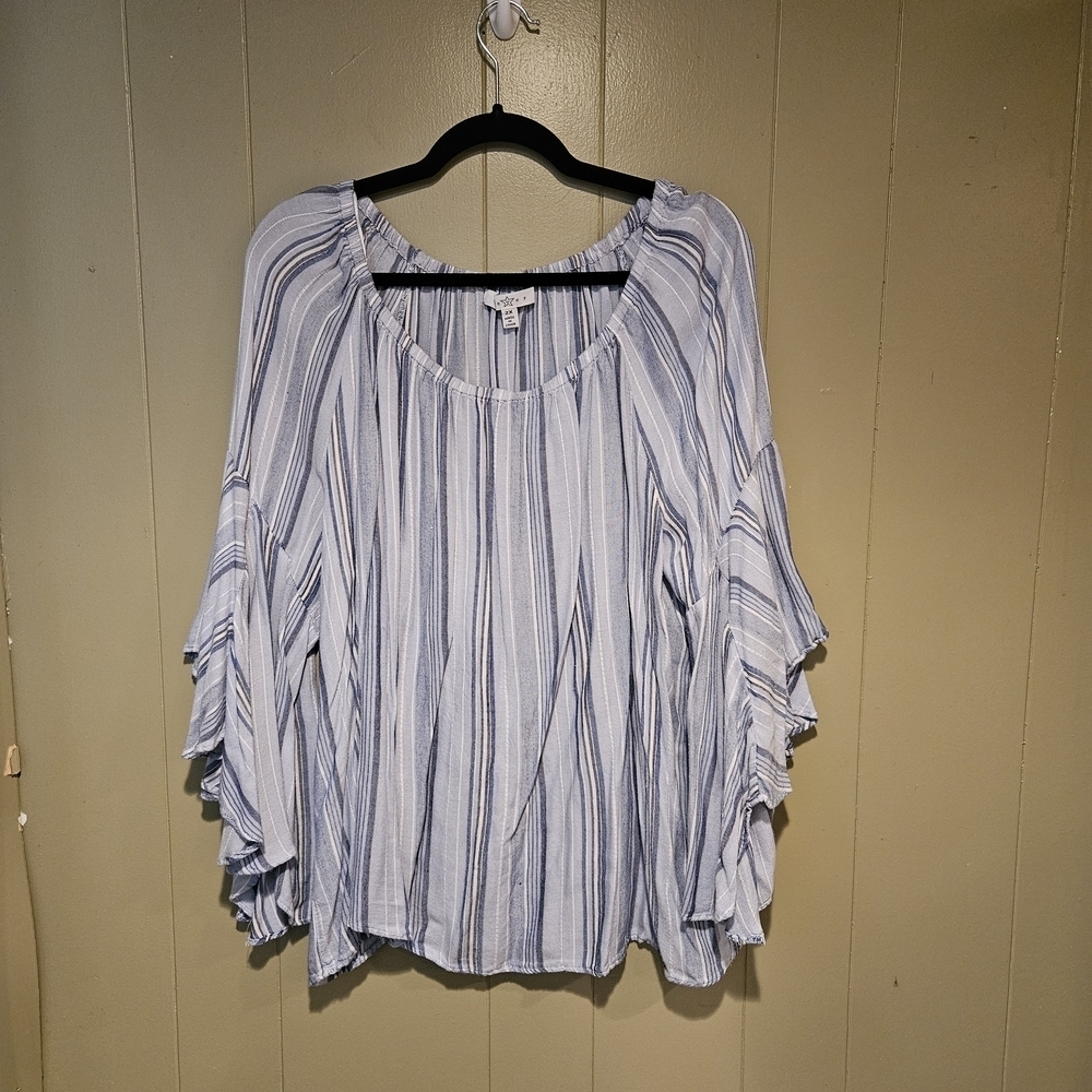 Striped Blue & White Ruffled Sleeve Tunic Top - Women's